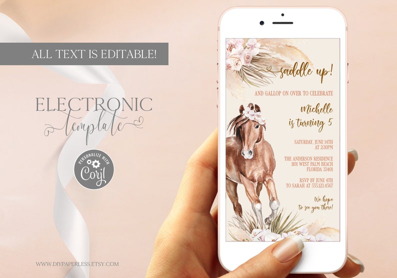 Horse Electronic Birthday Invitation Template Editable Digital Download Boho Cowgirl Birthday Party Evite Saddle Up Text