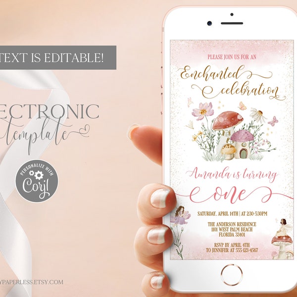 Enchanted Forest Invitation by Text, Fairy Garden First Birthday Evite, Mushroom 1st Birthday Electronic Invite Template Editable Digital