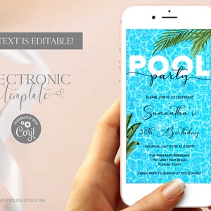 Summer Pool Party Electronic Invitation Template Editable Digital Downnload, Adult Pool Birthday Evite, Teen Pool Party Phone Invite, Corjl