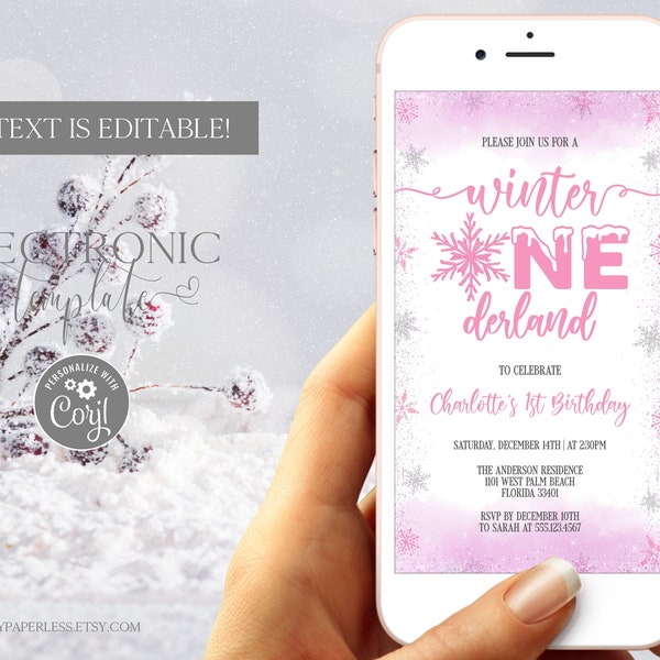 Winter Onederland Invitation by Text, Winter First Birthday Electronic Invitation Template Editable Digital Download, Onederland Evite Girl