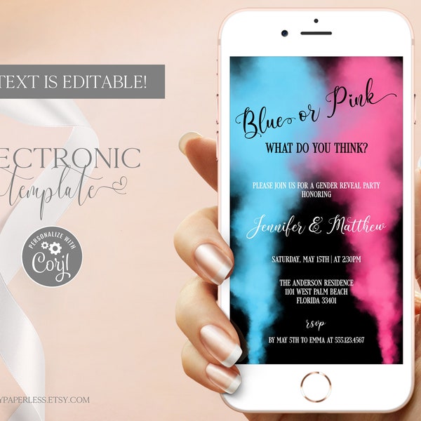 Gender Reveal Smoke Invitation by Text, Blue or Pink Podwer Dust Gender Reveal Evite, Boy or Girl Electronic Invitation Template Editable