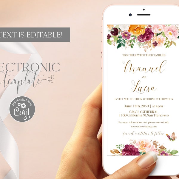 Electronic Wedding Invitation Template, Floral Wedding Evite, Burgundy Blush Wedding Mobile Phone Invite, Editable Digital Download Corjl