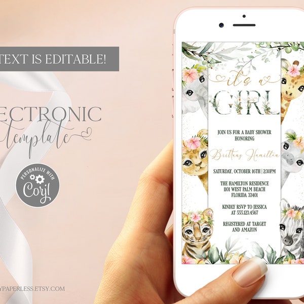 Safari Baby Shower Girl Evite, It's a Girl Baby Shower Text Invitation, Jungle Baby Shower Electronic Invitation Template Editable Digital