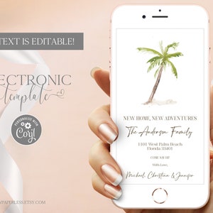 Palm Tree Umzug Annoucement Digitale elektronische Vorlage bearbeitbar digitaler Download, Strand neue Adresse Ansage e Karte, Tropical We Moved