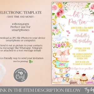 Tea Party Birthday Invitation by Text, Let's Par-Tea Birthday Evite, Electronic Tea Birthday Invitation Template Editable Digital Download image 2