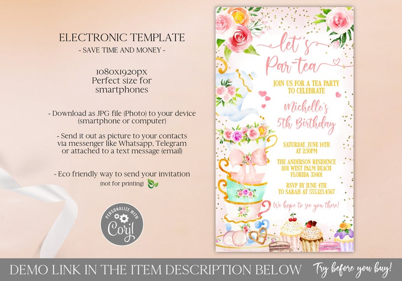 Tea Party Birthday Invitation by Text, Let's Par-Tea Birthday Evite, Electronic Tea Birthday Invitation Template Editable Digital Download image 2