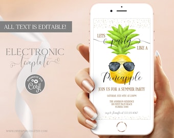 Pineapple Evite Invitation Template Editable Digital Download, Adult Summer Party Electronic Invitation, Let's Party Like a Pineapple Text