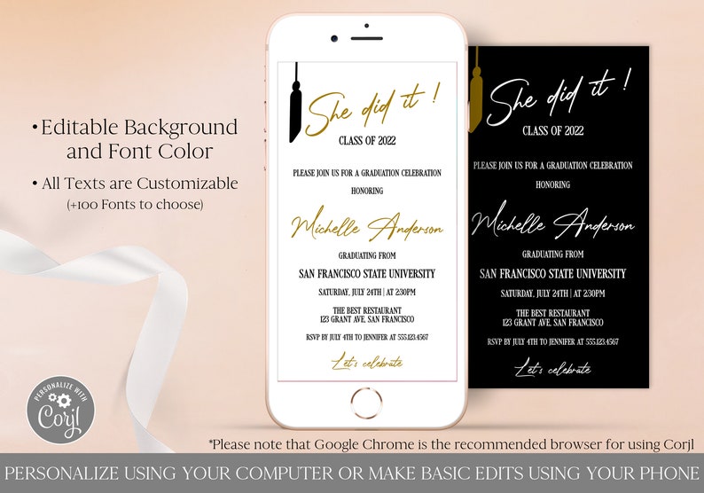 Electronic Graduation Invitation Template Editable Digital Download, Grad Announcement Party Evite, Class of 2024 Text Message Invite, Corjl image 3