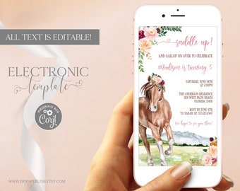 Horse Birthday Electronic Invitation Template Editable Digital Download, Saddle Up Birthday Evite Girl, Cowgirl Party Text Invitation Corjl