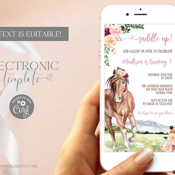 Horse Birthday Electronic Invitation Template Editable Digital Download, Saddle Up Birthday Evite Girl, Cowgirl Party Text Invitation Corjl