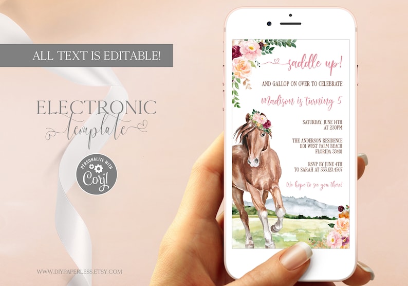 Horse Birthday Electronic Invitation Template Editable Digital Download, Saddle Up Birthday Evite Girl, Cowgirl Party Text Invitation Corjl image 1
