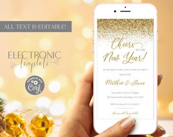 New Years Eve Electronic Invitation Template Editable Digital Download, NYE Evite Gold Glitter Party, Cheers to a New Year Text Invite Corjl