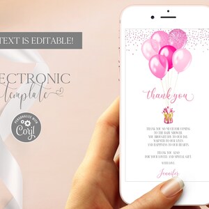 Modèle de carte de remerciement de douche de bébé électronique Téléchargement numérique modifiable, Ballons roses Merci eCard, Note de remerciement sans papier, Corjl