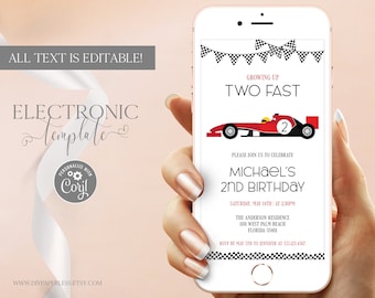 Two Fast Electronic Birthday Invitation Template Editable Digital Download, Racing Car 2nd Birthday Evite, Text Invitation Paperless Corjl