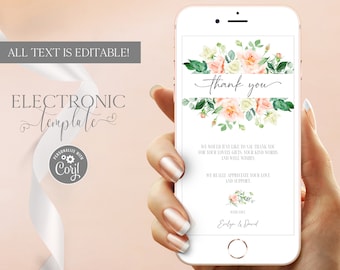 Carte de remerciement électronique, modèle pour smartphone eCard floral rose, carte de remerciement baby shower pour téléphone portable, téléchargement Corjl