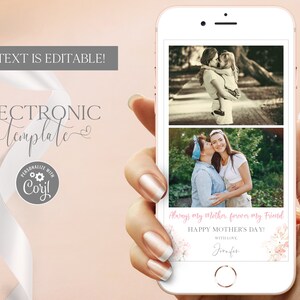 Moederdag eCard met foto, elektronische sjabloonkaart voor moeder, Happy Mother's Day bewerkbare digitale download telefoonfotokaart, tekst Corjl
