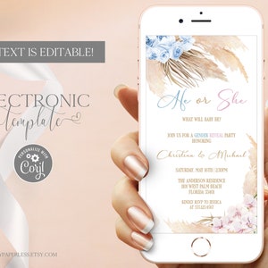 Modèle d'Invitation électronique Boho Gender Reveal en téléchargement numérique modifiable, Boho Gender Reveal Eviter l'herbe des pampas, il ou elle invite par texte