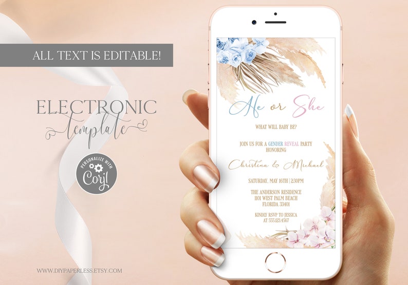 Boho Gender Reveal Electronic Invitation Template Editable Etsy