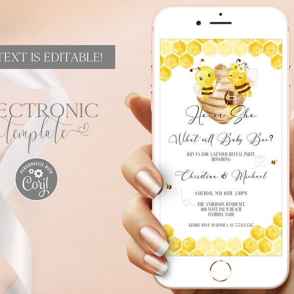 What will Baby Bee Gender Reveal Electronic Invitation Template Digital Download, Honeybee Gender Reveal Evite, DIY Paperless Invite Corjl