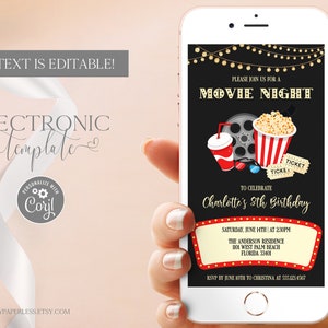 Movie Night Birthday Electronic Invitation Template Editable Digital Download, Backyard Movies Cinema Party Evite, Popcorn Text Invite Corjl