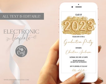 Graduation Invitation 2023 by Text, Electronic Graduation Party Invitation Template Editable Digital Download, Gold Glitter Graduation Evite