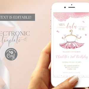 Tutu Ballerina Birthday Electronic Invitation Template Editable Digital Download, 2nd Birthday Ballet Evite, Tutu Cute Paperless Invitation