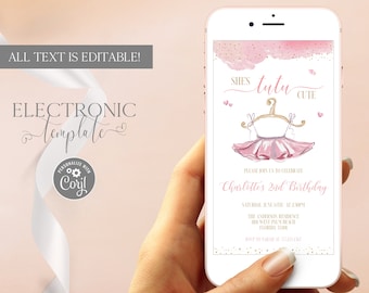 Tutu Ballerina Birthday Electronic Invitation Template Editable Digital Download, 2nd Birthday Ballet Evite, Tutu Cute Paperless Invitation