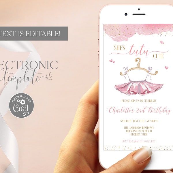 Tutu Ballerina Birthday Electronic Invitation Template Téléchargement numérique modifiable, 2e anniversaire Ballet Evite, Tutu Cute Paperless Invitation