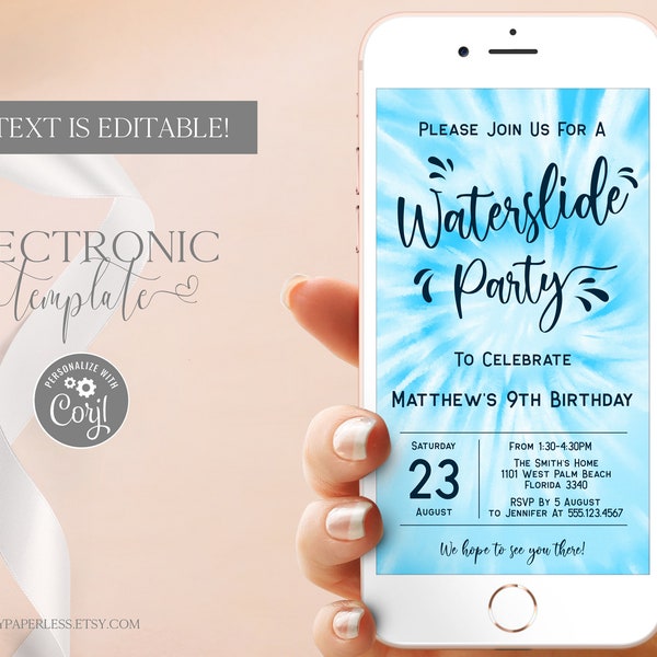 Waterslide Birthday Party Invitation by Text, Tie Dye Water Slide Birthday Evite Boy, Summer Birthday Electronic Invitation Editable Digital