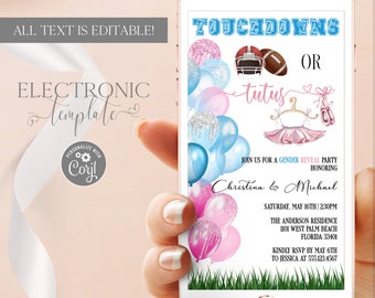 Touchdowns or Tutus Gender Reveal Invitation by Text, Football or Tutus Gender Reveal Electronic Invite Template Editable Digital Download