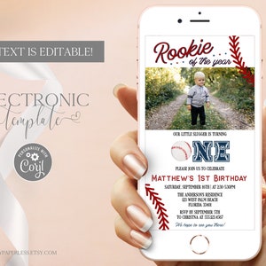 Baseball First Birthday Invitation by Text with Photo, Rookie of the Year Evite, Baseball 1st Birthday Electronic Invite, Digital Template