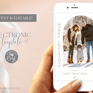 Digital Christmas Card Photo Template, Electroic Christmas Card Editable, Simple Holiday Card with Picture for Phone, Mobile Arch Photo Card