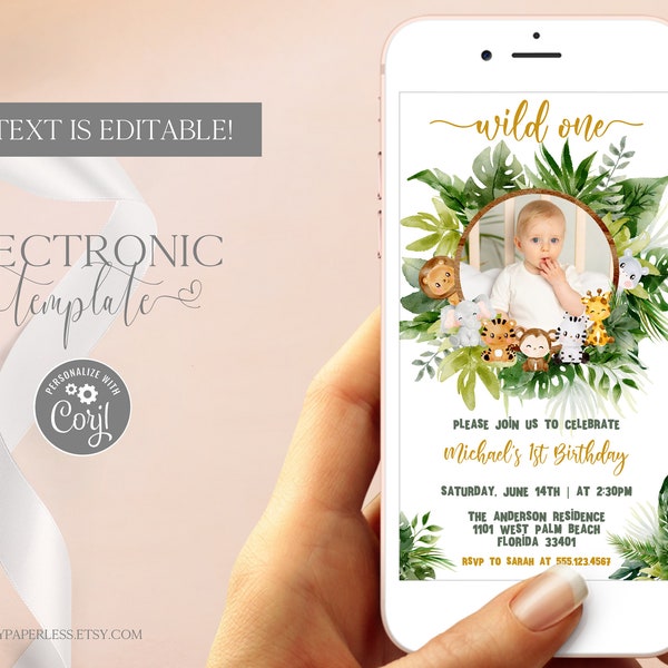 Wild One Birthday Evite with Photo, Safari 1st Birthday Electronic Invitation Template Editable Digital Download, Jungle First Birthday Text