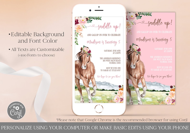 Horse Birthday Electronic Invitation Template Editable Digital Download, Saddle Up Birthday Evite Girl, Cowgirl Party Text Invitation Corjl image 3