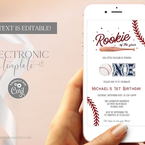 Baseball First Birthday Invitation by Text, Rookie of the Year Electronic Invitation Template Editable Digital Download, Baseball Evite Boy