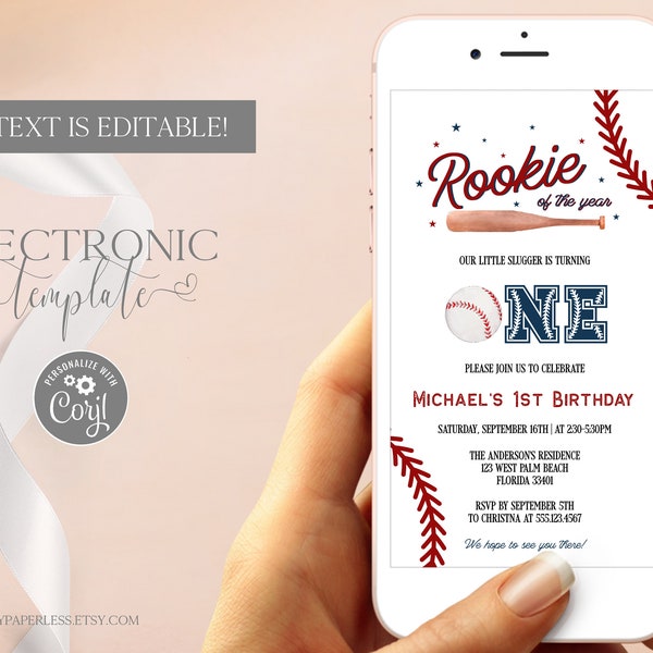 Baseball First Birthday Invitation by Text, Rookie of the Year Electronic Invitation Template Editable Digital Download, Baseball Evite Boy