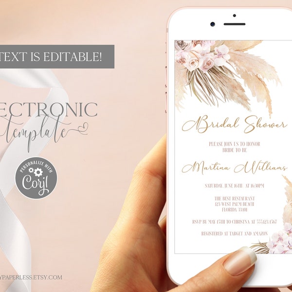 Boho Bridal Shower Electronic Invitation Template Editable Digital Download, Bohemian Bridal Brunch Evite, Pampas Grass Paperless Invitation