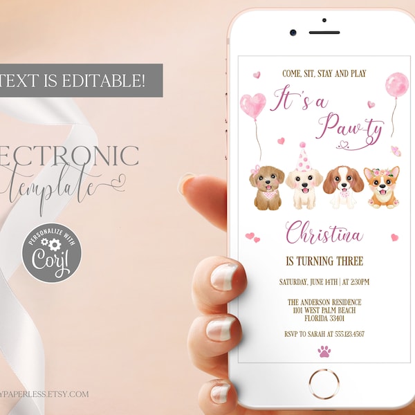 Hunde Geburtstagseinladung per Text, Welpen elektronische Geburtstagseinladungsvorlage bearbeitbar digitaler Download, Let's Paw-ty Birthday Evite Girl