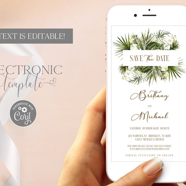 Tropical Save the Date Evite, Beach Wedding Save the Date Electronic Template Editable Digital Download, Destination Text Message Invitation