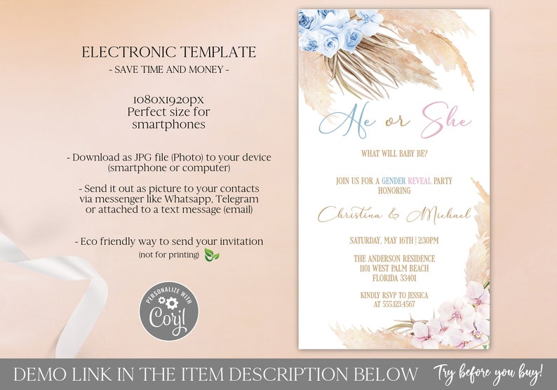 Boho Gender Reveal Electronic Invitation Template Editable Etsy