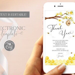 Honigbiene Babyparty elektronische Dankeschön-Kartenvorlage bearbeitbar digitaler Download, Text-Dankeschön-eCard, papierloses Dankeschön, Corjl