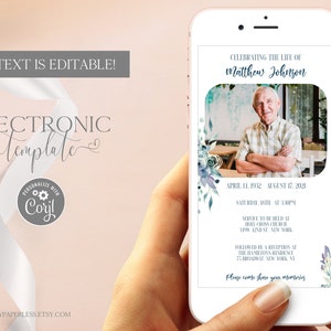 Electronic Celebration of Life Invitation Template Editable Digital Download, Memorial Evite with Photo, Funeral Announcement Text Message