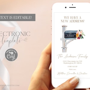 Modèle électronique numérique d'annonce de déménagement, téléchargement modifiable d'annonce de nouvelle adresse, nous avons déplacé la carte postale pour le téléphone, nouvelle carte de texte à la maison