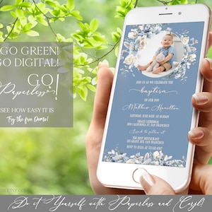 Boho Baptism Invitation by Text with Photo, Blue Flowers Baptism Evite, Electronic Christening Invitation Template Editable Digital Download zdjęcie 10