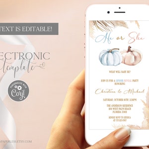 Pumpkin Gender Reveal Electronic Invitation Template Editable Digital Download, Fall Gender Reveal Party Evite, Boho He or She Text Invite