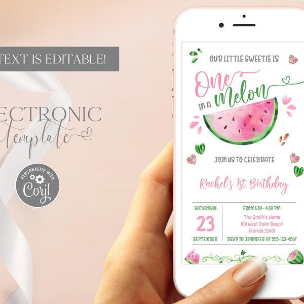 One in a Melon First Birthday Party Electronic Invitation Template, Editable Digital Watermelon Evite, Summer 1st Birthday Girl Corjl Invite