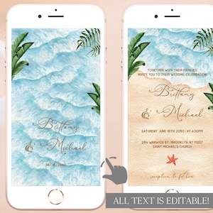 Beach Wedding Invitation by Text, Digital Beach Wedding Evite with Cover, Electronic Tropical Wedding Invitation Template Editable Download