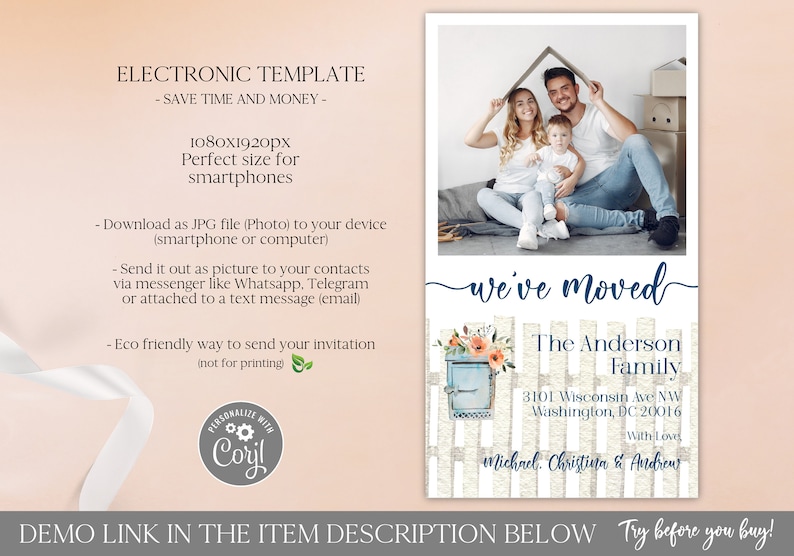 New Address Announcement with Picture Editable Template Donwload Paperless We/'ve moved Electronic Moving Announcement Digital Photo Card