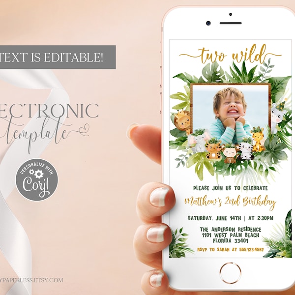 Two Wild Birthday Evite with Photo, Safari 2nd Birthday Electronic Invitation Template Editable Digital Download Jungle Second Birthday Text