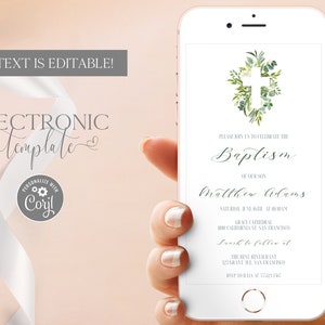 Baptism Boy Electronic Invitation Template Editable Digital Download, Greenery Baptism Evite, Christening Text Invite Neutral, Paperless